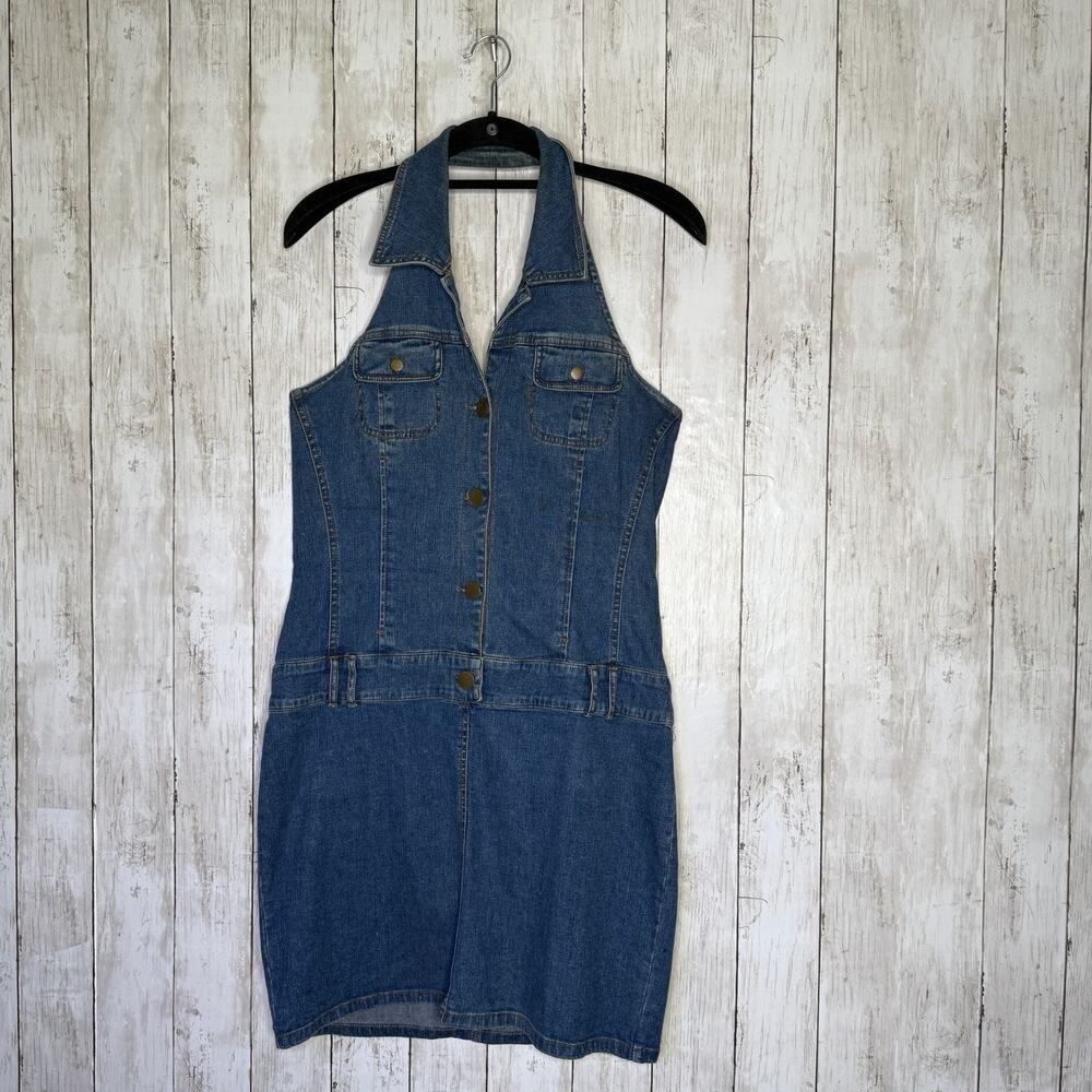 METROSTYLE Vintage Halter Neck Denim Mini Dress Size 8 Button Front Y2K